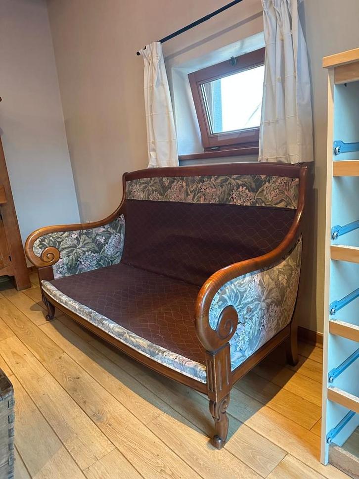 bank, Huis en Inrichting, Zetels | Zetels, Gebruikt, Rechte bank, Tweepersoons, 150 tot 200 cm, 75 tot 100 cm, Hout, Stof, Ophalen