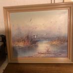 Schilderij met vredig landschap en vliegende vogels, Ophalen, 50 tot 75 cm, Zo goed als nieuw, 50 tot 75 cm