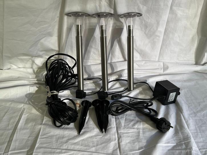 Massive Beaumont  tuinlamp met piket – inox –  3 stuks, Tuin en Terras, Buitenverlichting, Nieuw, Staande lamp, Inox, Minder dan 50 watt