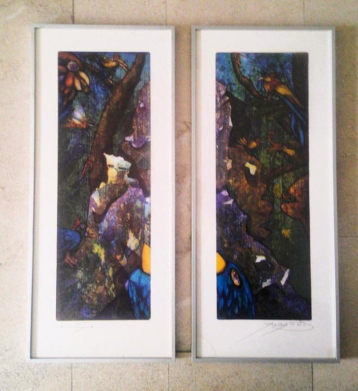 2-luik, vogels in oerwoud '96 - Rob Clous, geb. 1940 Haarlem, Antiek en Kunst, Kunst | Schilderijen | Klassiek, Ophalen of Verzenden