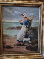 Pêcheuse en bord de mer/Huile sur panneau fin XIXè, Antiquités & Art, Envoi