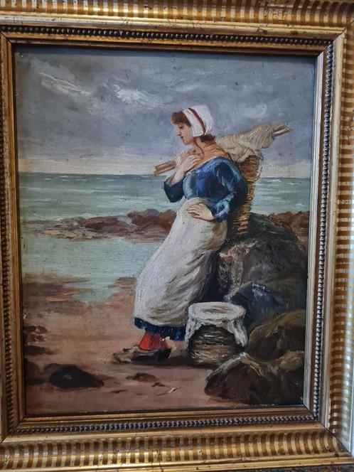 Pêcheuse en bord de mer/Huile sur panneau fin XIXè, Antiquités & Art, Art | Peinture | Classique, Envoi