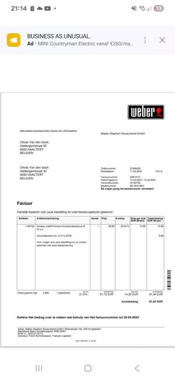 Tafel bbq te koop, Enlèvement, Neuf, Weber
