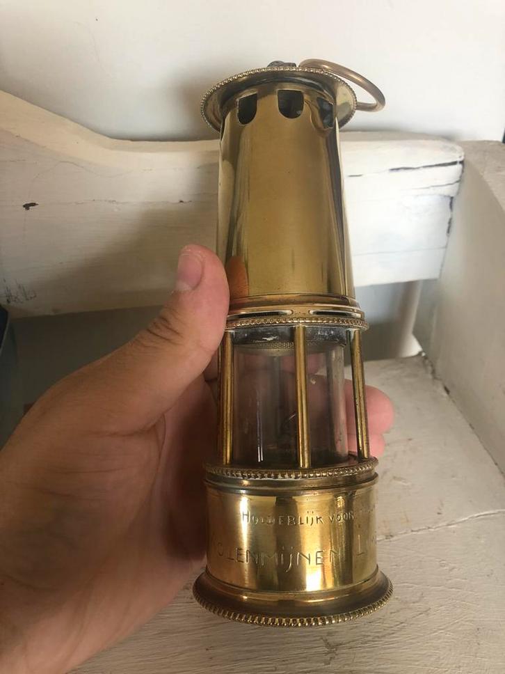 Oud koperen mijnlampje met inscriptie, Antiek en Kunst, Antiek | Brons en Koper, Koper, Ophalen