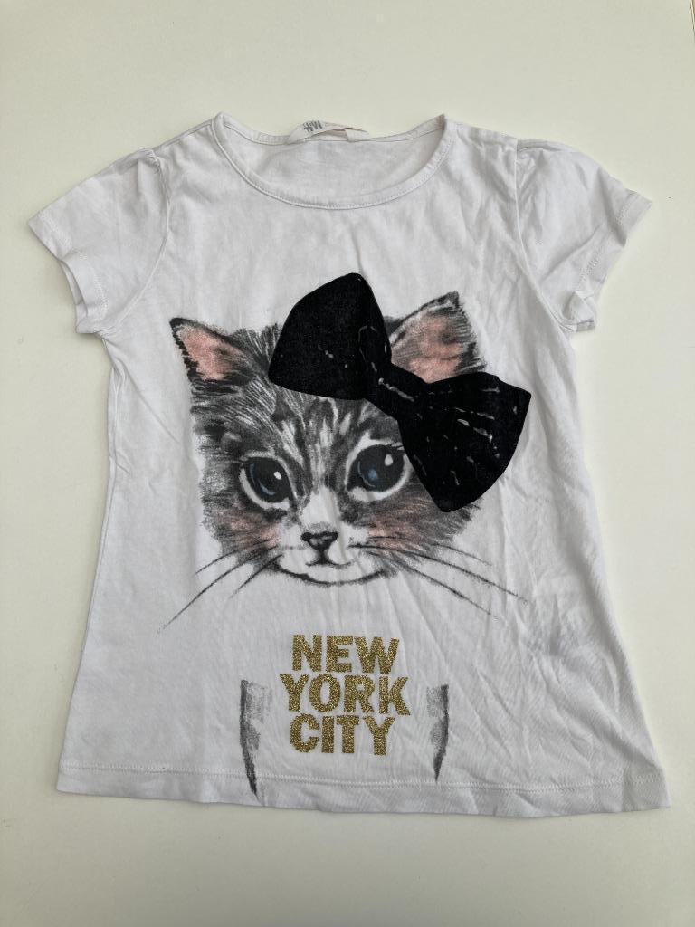 Witte t-shirt met katje - H&M - maat 134/140, Enlèvement ou Envoi, Chemise ou À manches longues, H&M, Utilisé