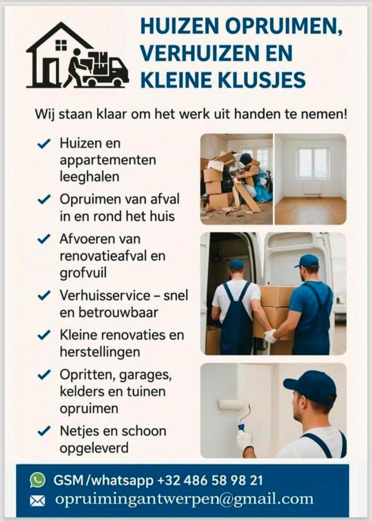 Huizen opruimen ,verhuizen en kleine klusjes, Doe-het-zelf en Bouw, Overige Doe-Het-Zelf en Bouw, Ophalen of Verzenden