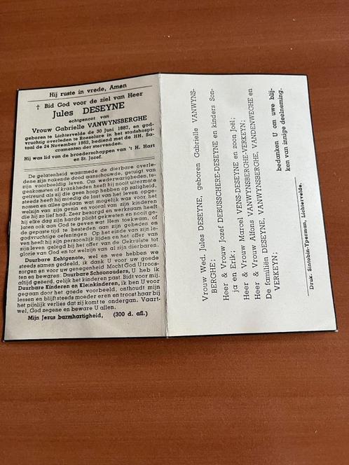 Rouwkaart J. Deseyne  Lichtervelde 1887  + Roeselare 1952, Collections, Images pieuses & Faire-part, Carte de condoléances, Enlèvement ou Envoi
