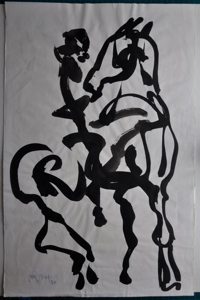 Rik Poot Paard met ruiter Lavis, Antiek en Kunst, Kunst | Tekeningen en Fotografie, Ophalen of Verzenden