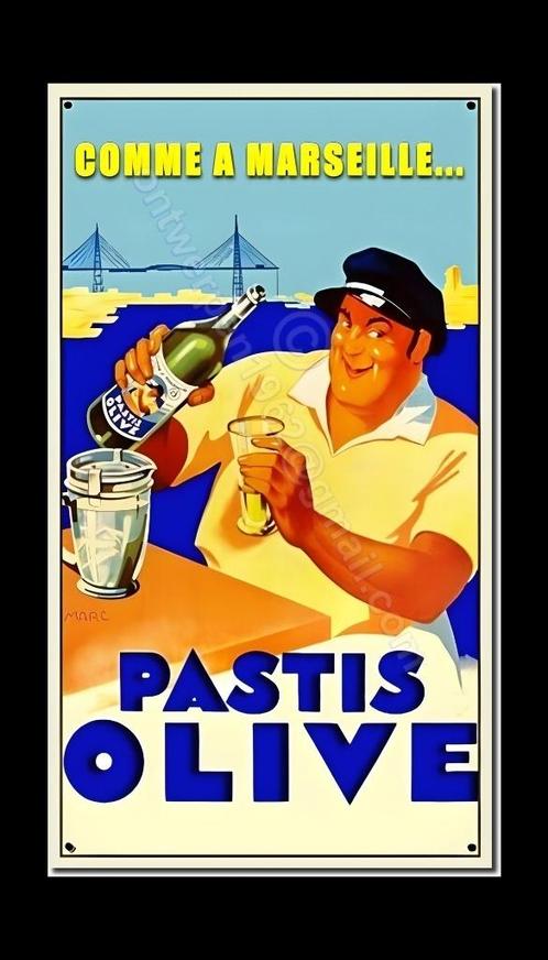 PASTIS OLIVE Marseille reclame retro dubbel metaal 80cmx45cm, Verzamelen, Merken en Reclamevoorwerpen, Zo goed als nieuw, Reclamebord