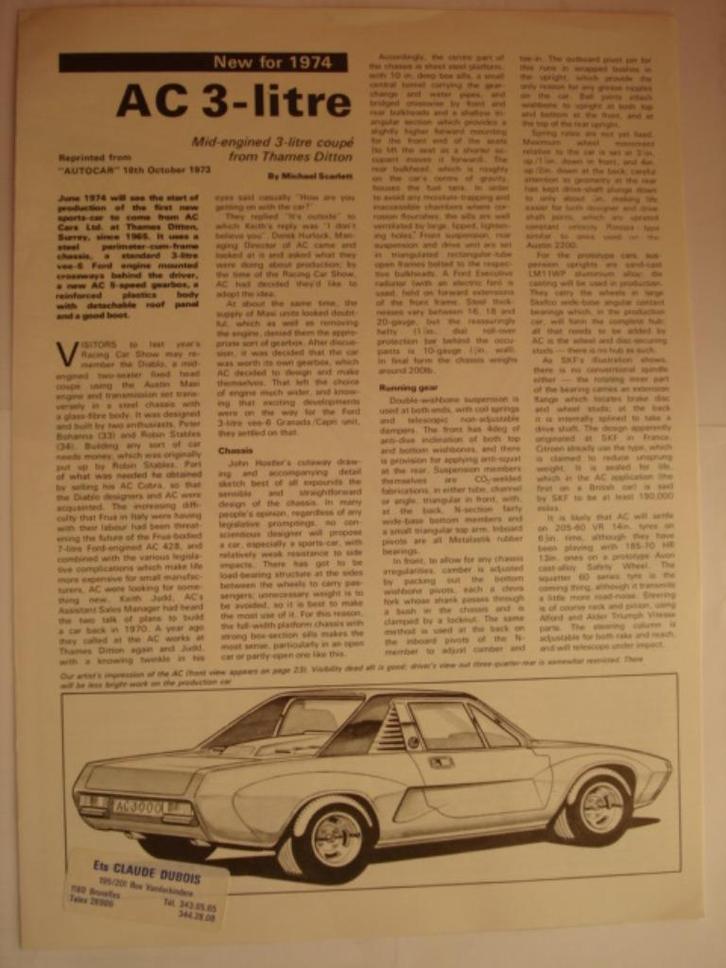 AC 3-litre 3000ME 1973 Ford Brochure AC Ace 1998 Press photo, Boeken, Auto's | Folders en Tijdschriften, Gelezen, Ford, Verzenden