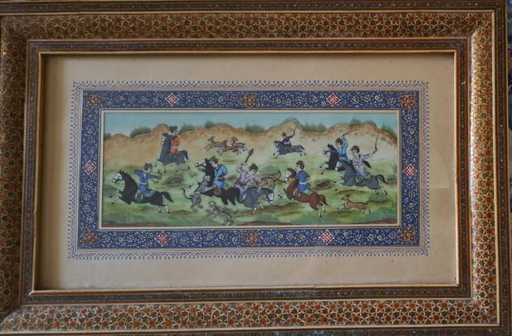 Perzisch miniatuur van jachtpartij, Antiek en Kunst, Kunst | Niet-Westerse kunst, Ophalen