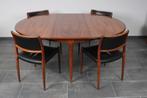 Set van 4 lederen palisander Møller stoelen en eettafel, Huis en Inrichting, Gebruikt, 100 tot 150 cm, 150 tot 200 cm, Rond