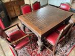 Antieke eiken tafel met 6 stoelen + 2 eiken kasten., Antiek en Kunst, Ophalen
