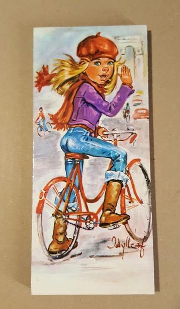 Vintage print van Idylle Falconi, meisje op fiets (Jolylle) beschikbaar voor biedingen