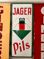 Panneau d'affichage en émail JAGER Pils '51, Collections, Marques & Objets publicitaires, Utilisé, Enlèvement ou Envoi, Panneau publicitaire