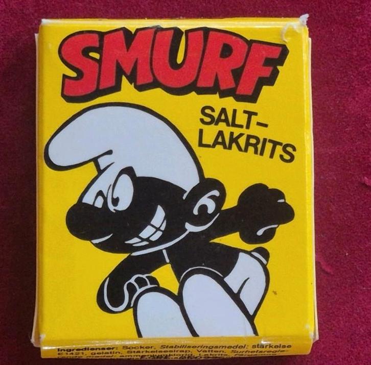 Vintage  doosje ( leeg) salmiak dropjes BRILSMURF, Verzamelen, Smurfen, Brilsmurf, Ophalen
