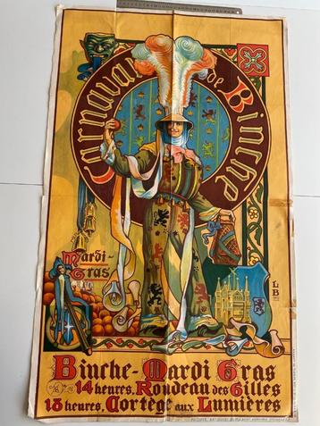 lithographie ancienne affiche Carnaval des Gilles de Binche  disponible aux enchères