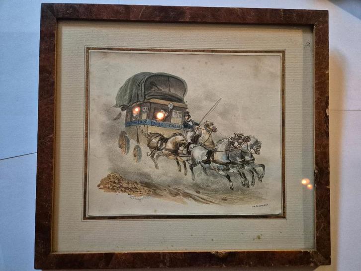 ingekleurde litho ' PAARDENKOETS ' 19e eeuw, Antiek en Kunst, Kunst | Litho's en Zeefdrukken, Ophalen of Verzenden