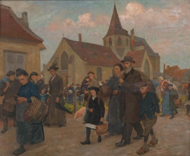 Hippolyte Prat (1863-?): Vlucht de oorlog (O/D, 131x111cm), Antiquités & Art, Art | Peinture | Classique, Enlèvement