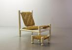 Vintage Charlotte Perriand stijl lounge stoel met hocker 60s, Ophalen, Gebruikt, Minder dan 75 cm, Hout