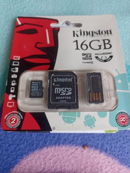 Kingston micro SD-geheugenkaart + adapter + lezer, Audio, Tv en Foto, Foto | Geheugenkaarten, Nieuw, MicroSD, 16 GB, Fotocamera