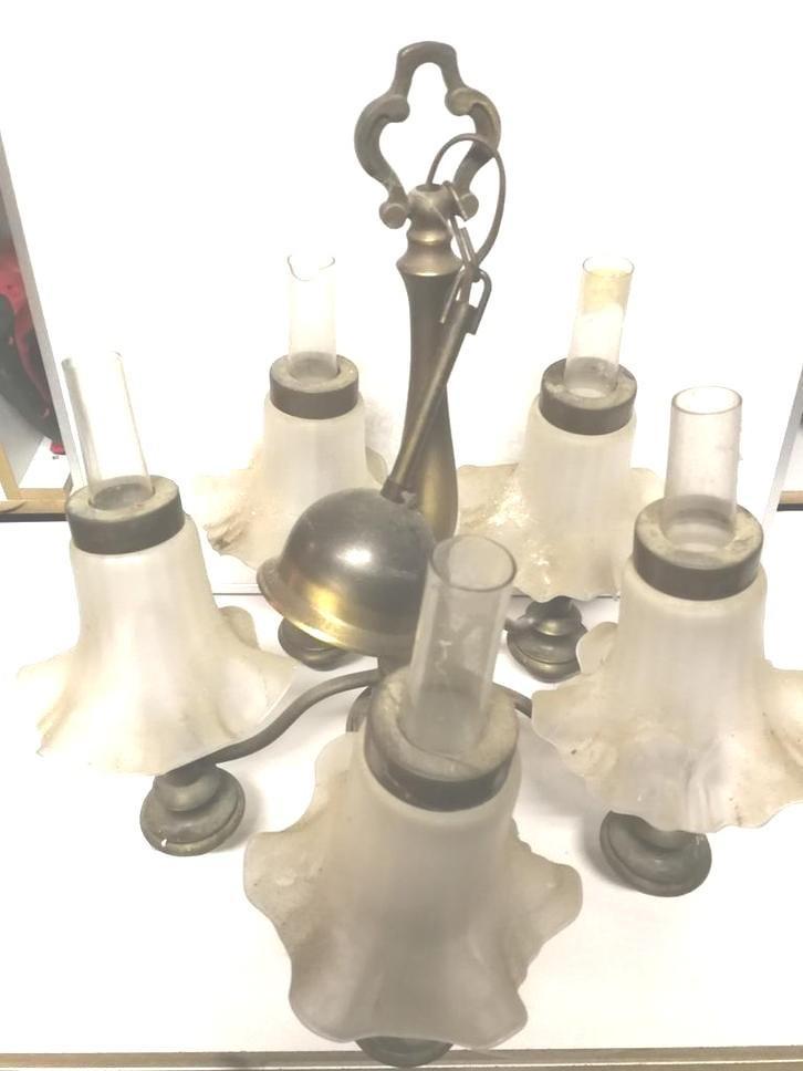 Kroonluchter koper+glas. Zie foto's. Zie beschrijving, Huis en Inrichting, Lampen | Kroonluchters, Gebruikt, Glas, Ophalen