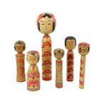 Lot van 6 Kokeshi Poppen Handgeschilderd Hout Japan Showa, Antiek en Kunst, Ophalen of Verzenden