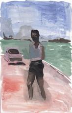 aquarel "Man in Zomerse Kleding met Mondkapje bij Auto", Huis en Inrichting, Ophalen, Minder dan 50 cm, Gebruikt, Minder dan 50 cm