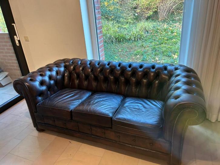 Chesterfield 3-zit jaren '80 in goede staat, Huis en Inrichting, Fauteuils, Gebruikt, Hout, Leer, 125 cm of meer, 75 tot 100 cm