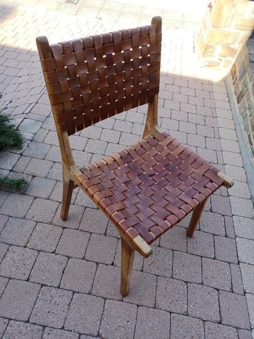 4 chaises en teck, Huis en Inrichting, Stoelen, Gebruikt, Hout, Leer, Ophalen