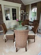 Tafel met glazen blad en 6 rieten stoelen, Ophalen, Gebruikt, Overige kleuren, Landelijke stijl