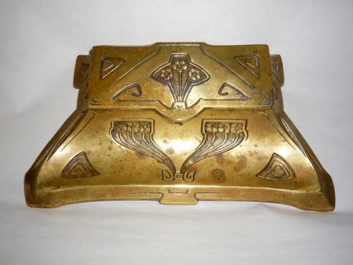 ART NOUVEAU JUGENDSTIL INKTPOT IN MESSING VRIJMETSELAARS, Antiek en Kunst, Antiek | Brons en Koper, Koper, Ophalen of Verzenden