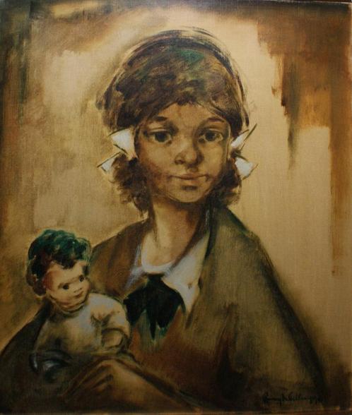 Remy De Pillecyn (1920-1986): Meisje met pop (O/D, 65x70cm), Antiek en Kunst, Kunst | Schilderijen | Klassiek, Ophalen of Verzenden