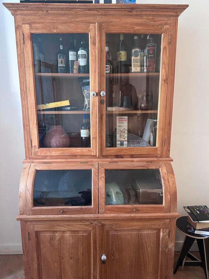 Teakhouten Buffetkast met glasdeuren, Huis en Inrichting, Kasten | Buffetkasten, Gebruikt, 200 cm of meer, 100 tot 150 cm, 50 tot 75 cm