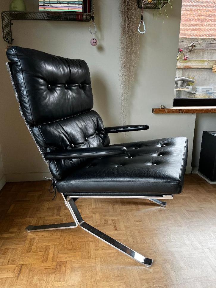 vintage design stoel relax lounge zetel fauteuil chair, Huis en Inrichting, Fauteuils, Gebruikt, Hout, Leer, Metaal, Overige materialen