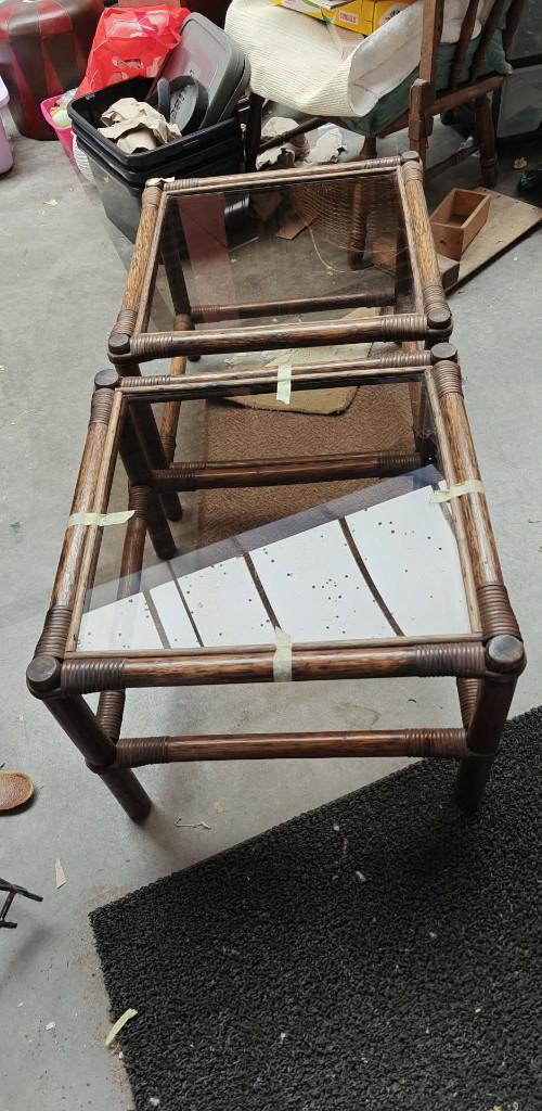 bijzet tafel planten vintage in bambou en glas, Ophalen, 50 tot 100 cm, Glas, Zo goed als nieuw