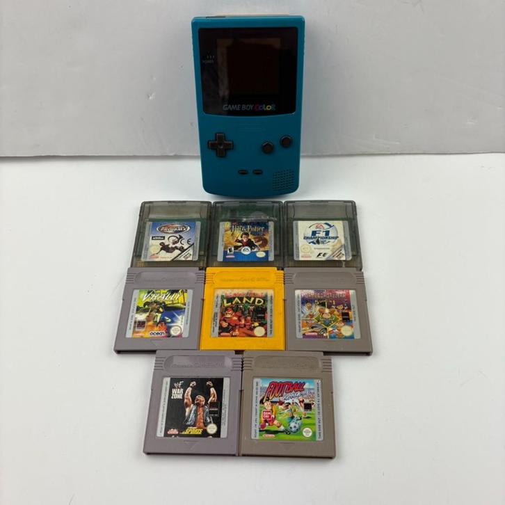 Nintendo Game Boy Color Turquoise + 8 games, Games en Spelcomputers, Games | Nintendo Game Boy, Gebruikt, Avontuur en Actie, Vanaf 3 jaar