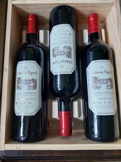 Château Vignol 2007 - 3 bouteilles de Bordeaux en coffret, Collections, Vins, Neuf, Vin rouge, France, Pleine, Enlèvement