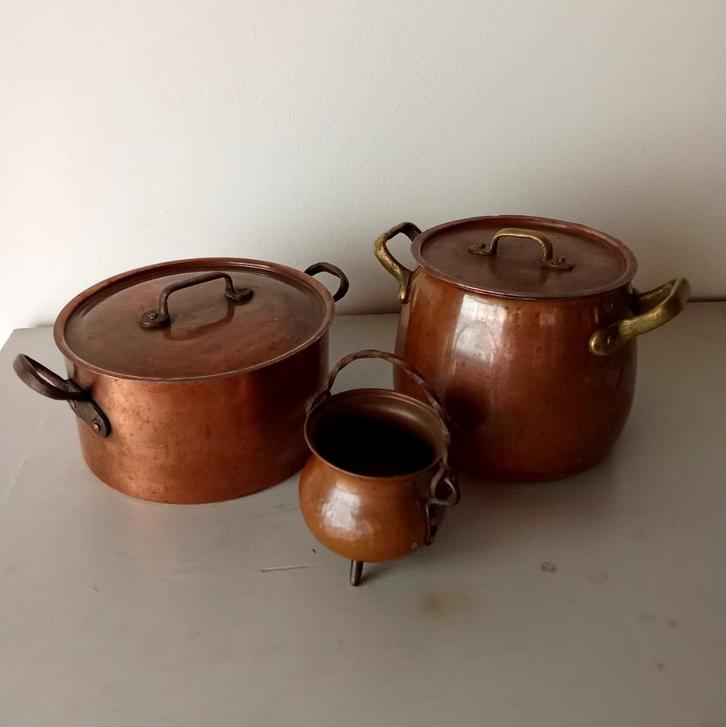 Antiek Rood Koper 2 Kookpotten + Keteltje, Antiek en Kunst, Antiek | Brons en Koper, Koper, Ophalen
