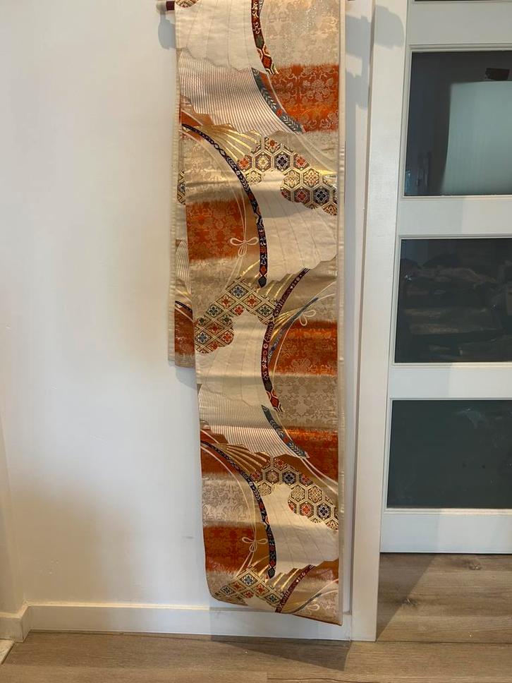 Nishijin-ori vintage Fukuro Obi met opvouwbare ventilatoren, Antiek en Kunst, Antiek | Tapijten, Tafelkleden en Textiel, Verzenden