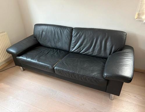 Leren 2-zits bankstel, zwart, Huis en Inrichting, Zetels | Zetels, Gebruikt, Rechte bank, Tweepersoons, 200 tot 250 cm, 75 tot 100 cm