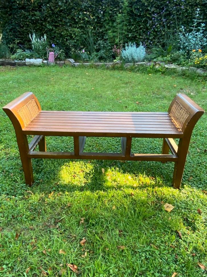Halbank hout met rieten details landelijk, Huis en Inrichting, Zetels | Voetbanken en poefs, Gebruikt, Minder dan 50 cm, 100 tot 125 cm
