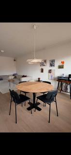 Teak houten tafel met 4 zwart lederen stoelen, Huis en Inrichting, Tafels | Eettafels, Ophalen, 150 tot 200 cm, Teakhout, Zo goed als nieuw