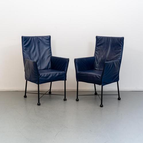 6x Montis Chaplin (eetkamer)stoelen blauw leder, Huis en Inrichting, Zetels | Voetbanken en poefs