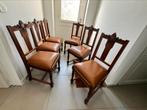 Eiken eetkamer stoelen met camelkleurig lederen zittingen., Antiek en Kunst, Ophalen