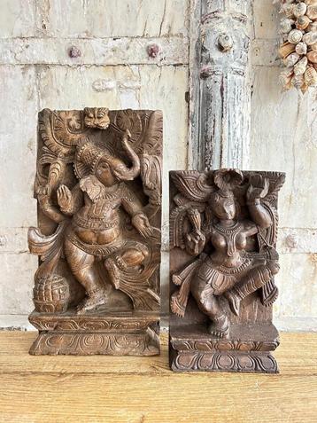 Houtsnijwerk (2) - Hout - Shiva & Ganesha - India - Eind 19e