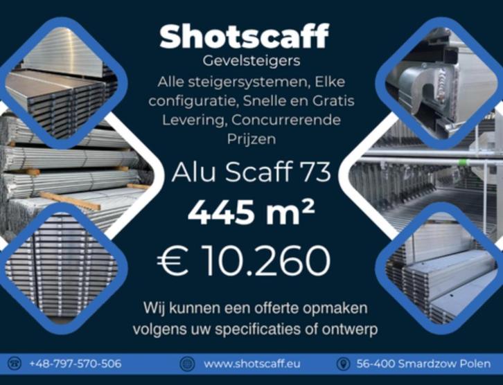 Nieuwe Alu Steiger | 445 m² | Alu scaff 73, Doe-het-zelf en Bouw, Steigers, Nieuw, Gevelsteiger, 5 meter of hoger, Ophalen