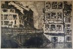 gravure --- Stadszicht met brug, Antiek en Kunst, Kunst | Etsen en Gravures, Ophalen of Verzenden