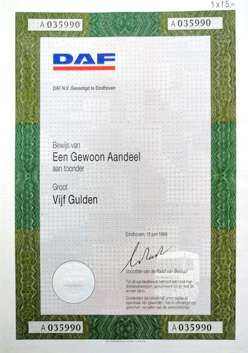 DAF 1989, Postzegels en Munten, Aandelen en Waardepapieren, Aandeel, 1970 tot heden, Ophalen of Verzenden