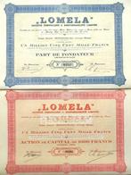 2 aandelen Belgisch Congo "Lomela" 1927, Postzegels en Munten, Aandelen en Waardepapieren, Ophalen of Verzenden, 1920 tot 1950